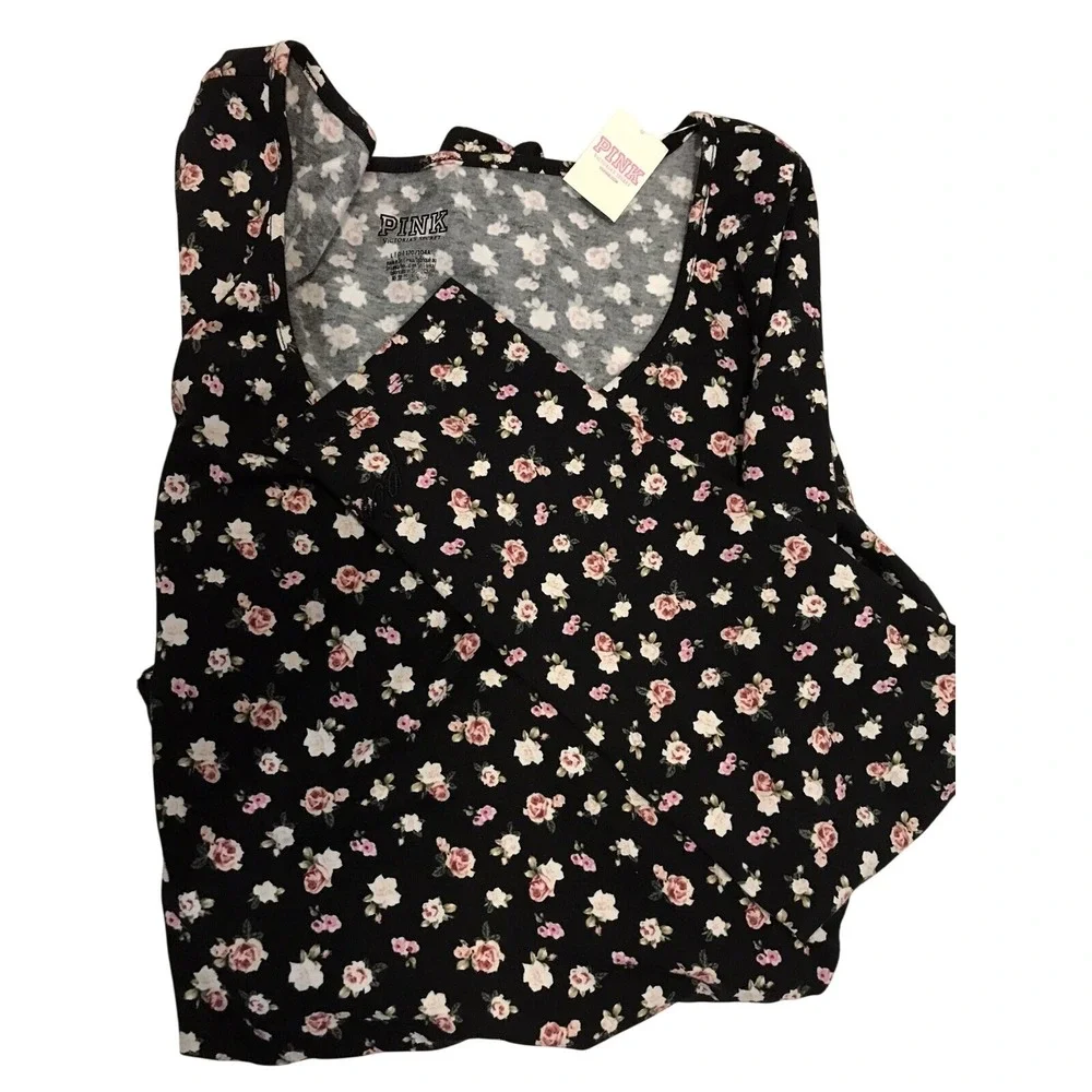 PINK Victoria Secret Long Sleeve Thong Black Floral Body Suit‎ One Piece L